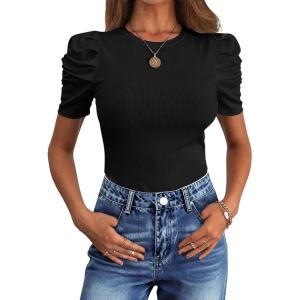 ANRABESS Women’s Puff Sleeve Crewneck Dressy Casual Tops Summer Fitted Ribbed Knit Trendy Going Out T Shirts 2026 Spring(Black)