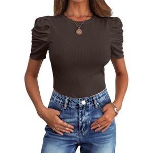ANRABESS Women’s Puff Sleeve Crewneck Dressy Casual Tops Summer Fitted Ribbed Knit Trendy Going Out T Shirts 2026 Spring(Coffee)
