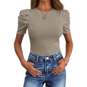 ANRABESS Women’s Puff Sleeve Crewneck Dressy Casual Tops Summer Fitted Ribbed Knit Trendy Going Out T Shirts 2026 Spring(Light Khaki)