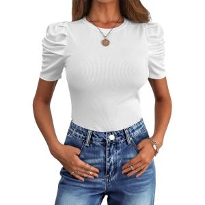 ANRABESS Women’s Puff Sleeve Crewneck Dressy Casual Tops Summer Fitted Ribbed Knit Trendy Going Out T Shirts 2026 Spring(White)