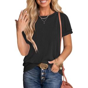 ANRABESS Womens Short Sleeve Crewneck Shirts Ribbed Knit High Low Hem T Shirt 2025 Summer Spring Casual Tops Trendy Clothes(Black)