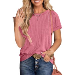 ANRABESS Womens Short Sleeve Crewneck Shirts Ribbed Knit High Low Hem T Shirt 2025 Summer Spring Casual Tops Trendy Clothes(Coral Pink)