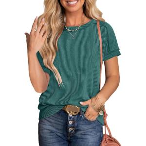 ANRABESS Womens Short Sleeve Crewneck Shirts Ribbed Knit High Low Hem T Shirt 2025 Summer Spring Casual Tops Trendy Clothes(Deep Green)