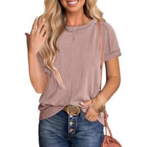 ANRABESS Womens Short Sleeve Crewneck Shirts Ribbed Knit High Low Hem T Shirt 2025 Summer Spring Casual Tops Trendy Clothes(Khaki Pink)