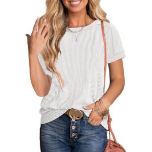 ANRABESS Womens Short Sleeve Crewneck Shirts Ribbed Knit High Low Hem T Shirt 2025 Summer Spring Casual Tops Trendy Clothes(White)