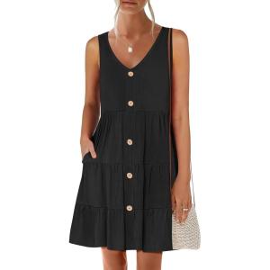 ANRABESS Womens Summer Beach Vacation Dresses V Neck Sleeveless Casual Button Down A Line Swing Mini Sundresses with Pockets(Black)