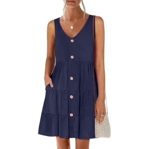 ANRABESS Womens Summer Beach Vacation Dresses V Neck Sleeveless Casual Button Down A Line Swing Mini Sundresses with Pockets(Deep Blue)