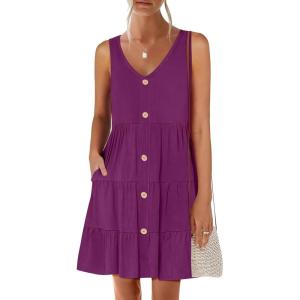 ANRABESS Womens Summer Beach Vacation Dresses V Neck Sleeveless Casual Button Down A Line Swing Mini Sundresses with Pockets(Deep Purple)