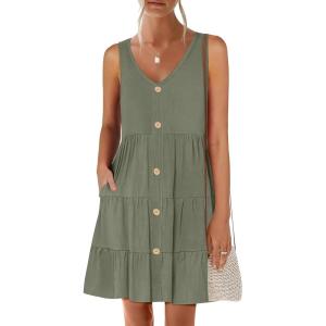 ANRABESS Womens Summer Beach Vacation Dresses V Neck Sleeveless Casual Button Down A Line Swing Mini Sundresses with Pockets(Olive)