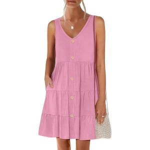 ANRABESS Womens Summer Beach Vacation Dresses V Neck Sleeveless Casual Button Down A Line Swing Mini Sundresses with Pockets(Pink)
