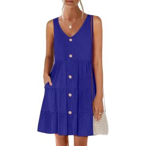 ANRABESS Womens Summer Beach Vacation Dresses V Neck Sleeveless Casual Button Down A Line Swing Mini Sundresses with Pockets(Royal Blue)