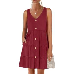 ANRABESS Womens Summer Beach Vacation Dresses V Neck Sleeveless Casual Button Down A Line Swing Mini Sundresses with Pockets(Wine Red)