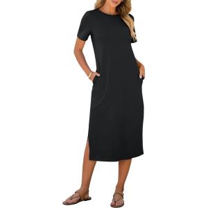 ANRABESS Womens Summer Casual Midi Dress Short Sleeve Crewneck T Shirt Long Dresses Split Stripe Beach Vacation Travel Outfit(Black)