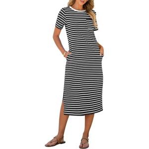 ANRABESS Womens Summer Casual Midi Dress Short Sleeve Crewneck T Shirt Long Dresses Split Stripe Beach Vacation Travel Outfit(Black White Stripe)