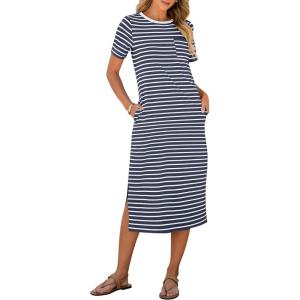 ANRABESS Womens Summer Casual Midi Dress Short Sleeve Crewneck T Shirt Long Dresses Split Stripe Beach Vacation Travel Outfit(Blue White Stripe)