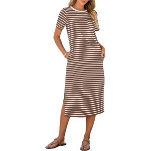 ANRABESS Womens Summer Casual Midi Dress Short Sleeve Crewneck T Shirt Long Dresses Split Stripe Beach Vacation Travel Outfit(Brown White Stripe)