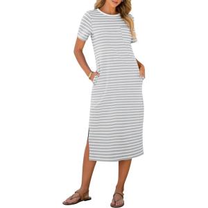 ANRABESS Womens Summer Casual Midi Dress Short Sleeve Crewneck T Shirt Long Dresses Split Stripe Beach Vacation Travel Outfit(Grey White Stripe)