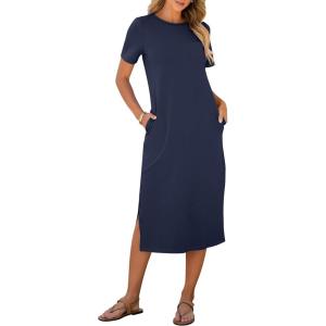 ANRABESS Womens Summer Casual Midi Dress Short Sleeve Crewneck T Shirt Long Dresses Split Stripe Beach Vacation Travel Outfit(Navy Blue)