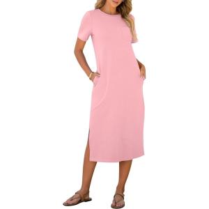 ANRABESS Womens Summer Casual Midi Dress Short Sleeve Crewneck T Shirt Long Dresses Split Stripe Beach Vacation Travel Outfit(Pink)