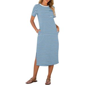 ANRABESS Womens Summer Casual Midi Dress Short Sleeve Crewneck T Shirt Long Dresses Split Stripe Beach Vacation Travel Outfit(Sky White Stripe)