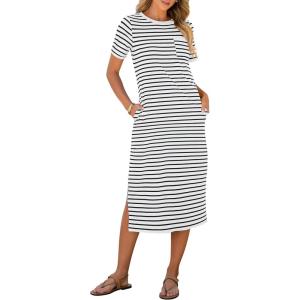 ANRABESS Womens Summer Casual Midi Dress Short Sleeve Crewneck T Shirt Long Dresses Split Stripe Beach Vacation Travel Outfit(White Black Stripe)