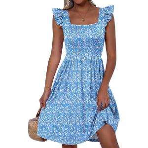 ANRABESS Womens Summer Short Dress 2025 Square Neck Sleeveless A Line Ruffled Wedding Casual Cute Teen Beach Mini Sundress(Blue Floral 01)