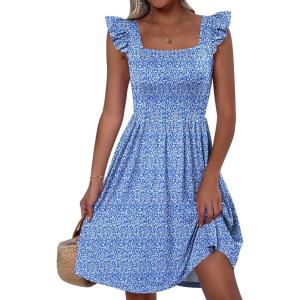 ANRABESS Womens Summer Short Dress 2025 Square Neck Sleeveless A Line Ruffled Wedding Casual Cute Teen Beach Mini Sundress(Blue Floral 02)