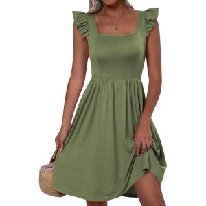 ANRABESS Womens Summer Short Dress 2025 Square Neck Sleeveless A Line Ruffled Wedding Casual Cute Teen Beach Mini Sundress(Olive)