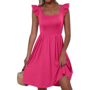 ANRABESS Womens Summer Short Dress 2025 Square Neck Sleeveless A Line Ruffled Wedding Casual Cute Teen Beach Mini Sundress(Pink)