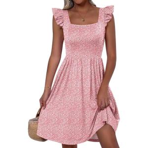 ANRABESS Womens Summer Short Dress 2025 Square Neck Sleeveless A Line Ruffled Wedding Casual Cute Teen Beach Mini Sundress(Pink Floral)