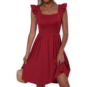 ANRABESS Womens Summer Short Dress 2025 Square Neck Sleeveless A Line Ruffled Wedding Casual Cute Teen Beach Mini Sundress(Wine Red)