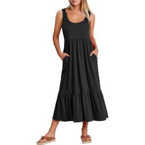 ANRABESS Women’s Summer Sleeveless Maxi Sundress Swing Casual Flowy Tiered Shirts Dress Beach Travel Vacation Outfits(Black)