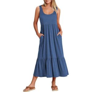 ANRABESS Women’s Summer Sleeveless Maxi Sundress Swing Casual Flowy Tiered Shirts Dress Beach Travel Vacation Outfits(Blue)