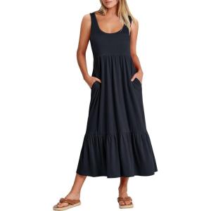 ANRABESS Women’s Summer Sleeveless Maxi Sundress Swing Casual Flowy Tiered Shirts Dress Beach Travel Vacation Outfits(Navy Blue)