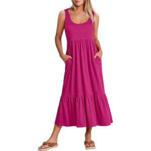 ANRABESS Women’s Summer Sleeveless Maxi Sundress Swing Casual Flowy Tiered Shirts Dress Beach Travel Vacation Outfits(Rose)