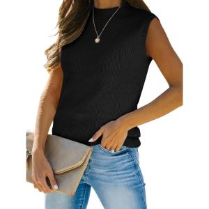 ANRABESS Womens Summer Sleeveless Tops Casual Mock Neck Loose Fit Knit Lightweight Sweater Pullover Top(Black)
