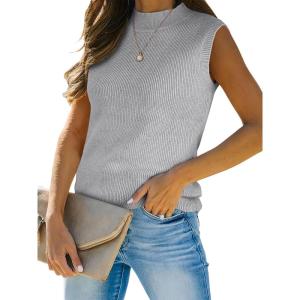 ANRABESS Womens Summer Sleeveless Tops Casual Mock Neck Loose Fit Knit Lightweight Sweater Pullover Top(Grey)