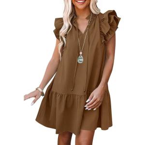 ANRABESS Womens Summer V-Neck Drawstring Ruffle Cap Short Sleeve Casual Shift Mini Dress with Pockets(Camel)