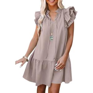ANRABESS Womens Summer V-Neck Drawstring Ruffle Cap Short Sleeve Casual Shift Mini Dress with Pockets(Gray Apricot)