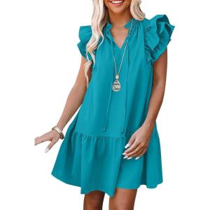 ANRABESS Womens Summer V-Neck Drawstring Ruffle Cap Short Sleeve Casual Shift Mini Dress with Pockets(Lake)
