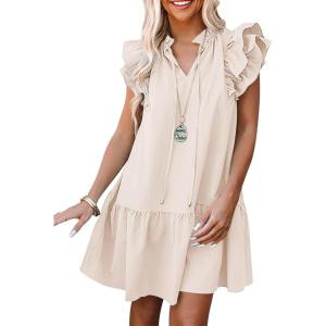 ANRABESS Womens Summer V-Neck Drawstring Ruffle Cap Short Sleeve Casual Shift Mini Dress with Pockets(Light Pink)
