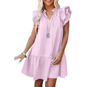 ANRABESS Womens Summer V-Neck Drawstring Ruffle Cap Short Sleeve Casual Shift Mini Dress with Pockets(Pink)
