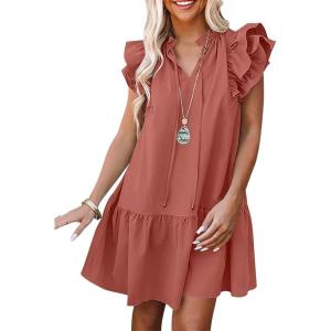 ANRABESS Womens Summer V-Neck Drawstring Ruffle Cap Short Sleeve Casual Shift Mini Dress with Pockets(Rust)