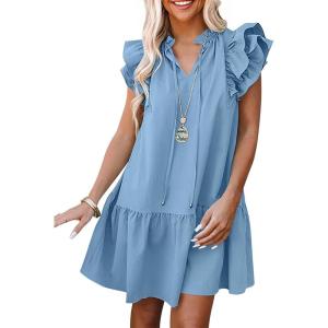 ANRABESS Womens Summer V-Neck Drawstring Ruffle Cap Short Sleeve Casual Shift Mini Dress with Pockets(Sky Blue)