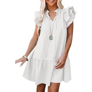 ANRABESS Womens Summer V-Neck Drawstring Ruffle Cap Short Sleeve Casual Shift Mini Dress with Pockets(White)