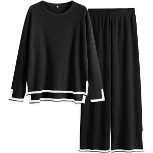 ANRABESS Women’s Two Piece Outfits Knit Pullover Sweater Tops & Wide leg Pants Lounge Matching Sweatsuit Tracksuits Sets(Black)