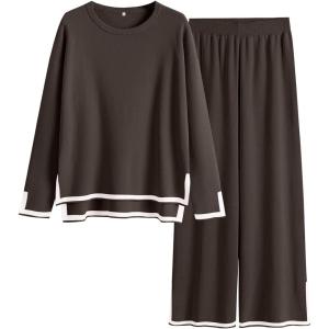 ANRABESS Women’s Two Piece Outfits Knit Pullover Sweater Tops & Wide leg Pants Lounge Matching Sweatsuit Tracksuits Sets(Coffee)