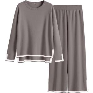 ANRABESS Women’s Two Piece Outfits Knit Pullover Sweater Tops & Wide leg Pants Lounge Matching Sweatsuit Tracksuits Sets(Coffee Grey)