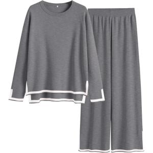 ANRABESS Women’s Two Piece Outfits Knit Pullover Sweater Tops & Wide leg Pants Lounge Matching Sweatsuit Tracksuits Sets(Grey)
