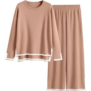 ANRABESS Women’s Two Piece Outfits Knit Pullover Sweater Tops & Wide leg Pants Lounge Matching Sweatsuit Tracksuits Sets(Light Camel)